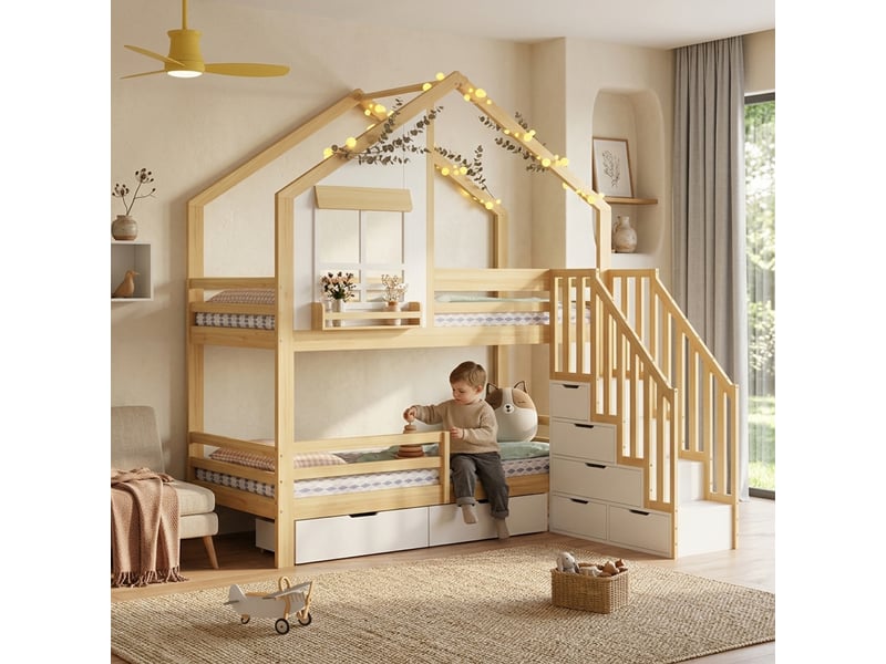  Lit superposé 90×200 cm avec tiroirs, fenêtres et escalier de rangement avec rampes, forme de maison adapté aux enfants et adolescents, blanc et naturel  - Conforama B