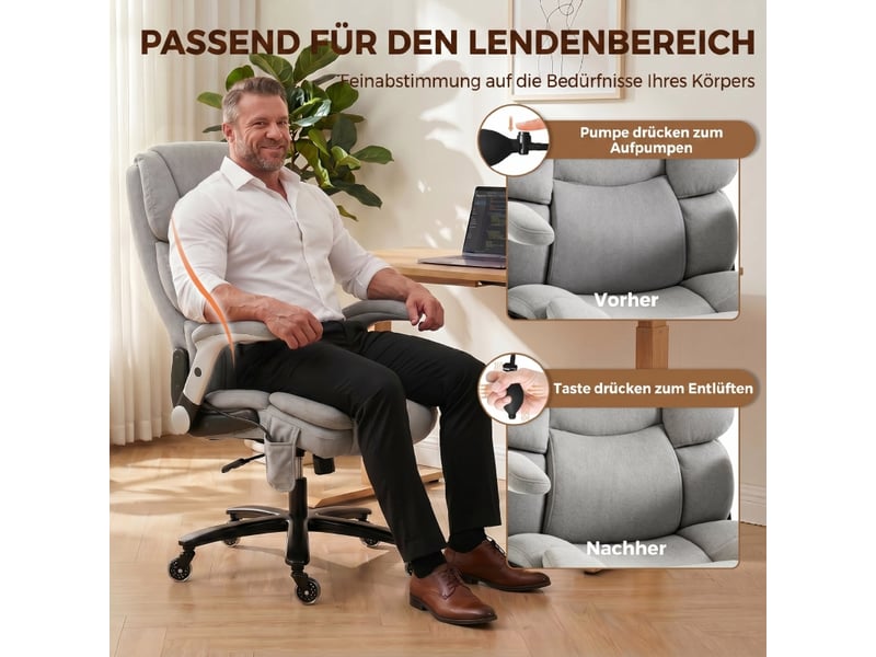  Chaise de bureau avec soutien lombaire gonflable réglable, gris clair, assise 57 cm  - Conforama D