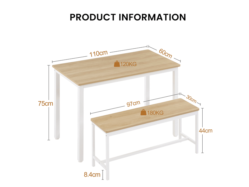  Ensemble table à manger avec 2 bancs, style industriel naturel et blanc, table de cuisine pour 4 personnes, 110 x 60 x 75 cm  - Conforama E