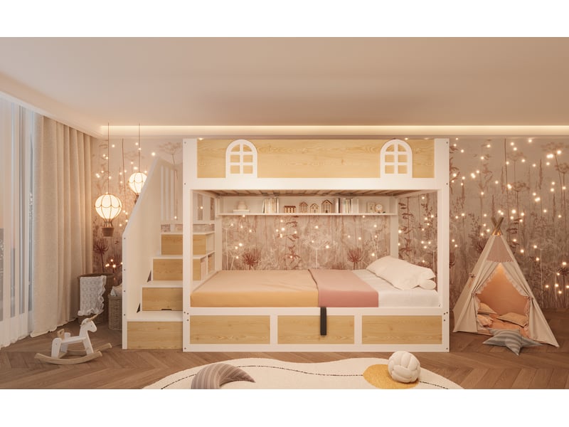 Lit superposé enfant 90x200 cm blanc et naturel bois et métal avec échelle armoire de rangement garde-corps sécurité et sommier inclus sans matelas Sol Morn - Conforama D
