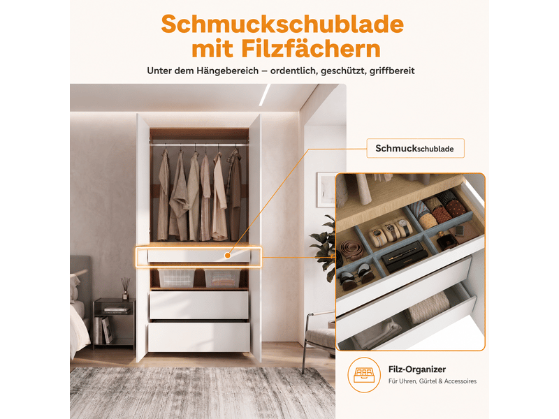  Armoire penderie 90 x 50 x 200 cm  - tiroir à bijoux - 4 portes - 1 barre de penderie - chêne et blanc  - Conforama E