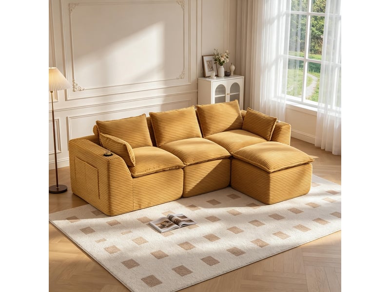  Canapé modulable compression d'angle en l,256x161x75cm,velours côtelé,canapé 3 places avec pouf,porte-gobelets,poches latérales,sans montage,orange  - Conforama B