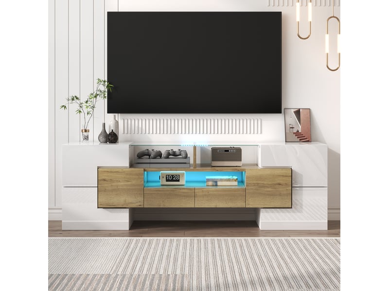  Meuble tv bas 145 cm blanc brillant et décor bois avec éclairage led multicolore  - Conforama B