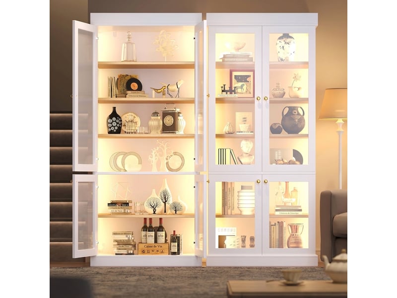  Buffet de cuisine haut blanc en mdf 160x40x180 cm avec vitrine en verre et led  - Conforama B