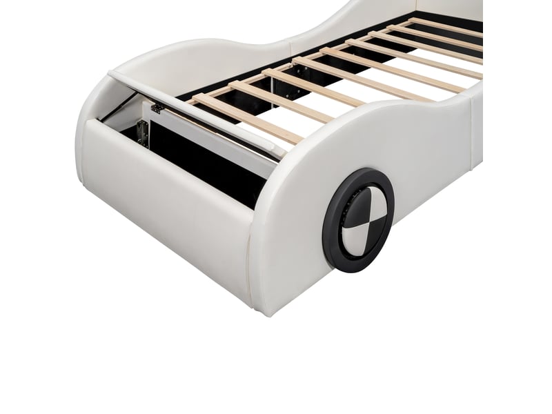  Lit voiture enfant 90 x 200 cm avec lit rembourré, roues lumineuses, rembourrage épais, garde-corps rembourré, similicuir, blanc Morn Vibe - Conforama E
