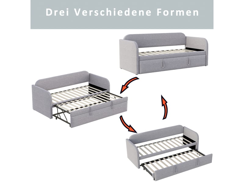 Lit gigogne 90x190 cm 2 places - canapé lit extensible 180x190 cm, sommier à lattes - tissu en lin gris - Conforama E