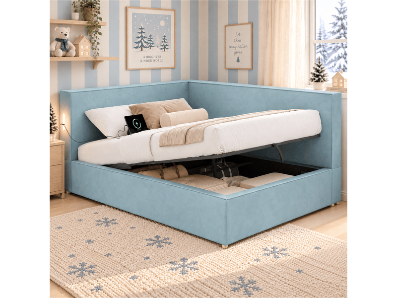  Lit avec rangement bleu en samt 90x200 cm, design minimaliste, stockage hydraulique  - Conforama E