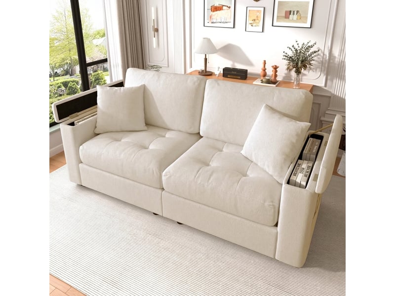  Canapé 2 places beige en tissu chenille 180 cm moderne avec rangement  - Conforama C