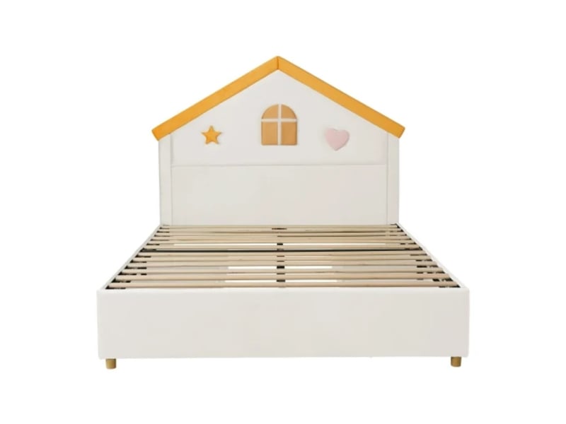  Lit enfant 140×200, forme maison, 4 tiroirs, velours, beige  - Conforama A