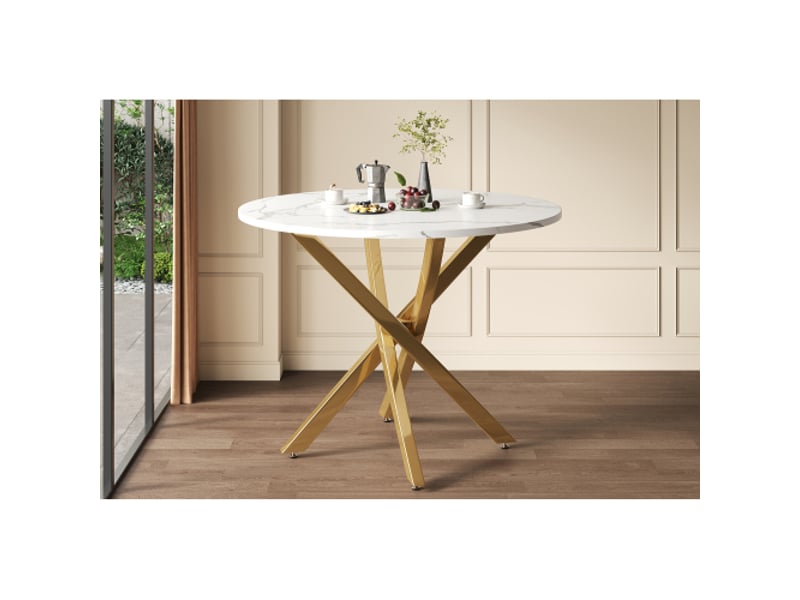 Table ronde 80 cm – plateau marbre blanc, pieds dorés, table à manger ou d'appoint, style moderne or et blanc - Conforama B