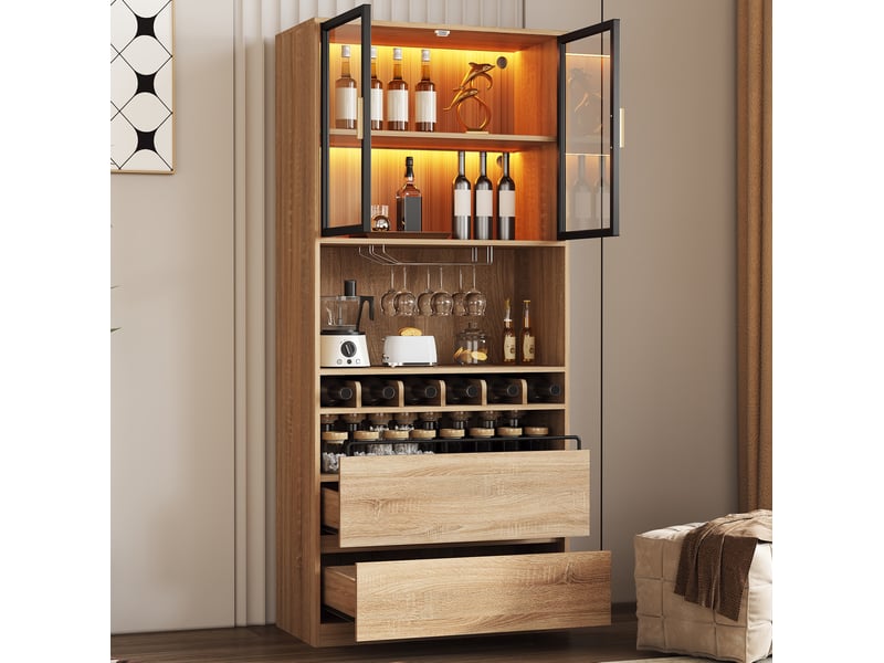  Vitrine avec portes vitrées, tiroirs, niches ouvertes et éclairage led réglable pour salle à manger, mdf naturel  - Conforama B