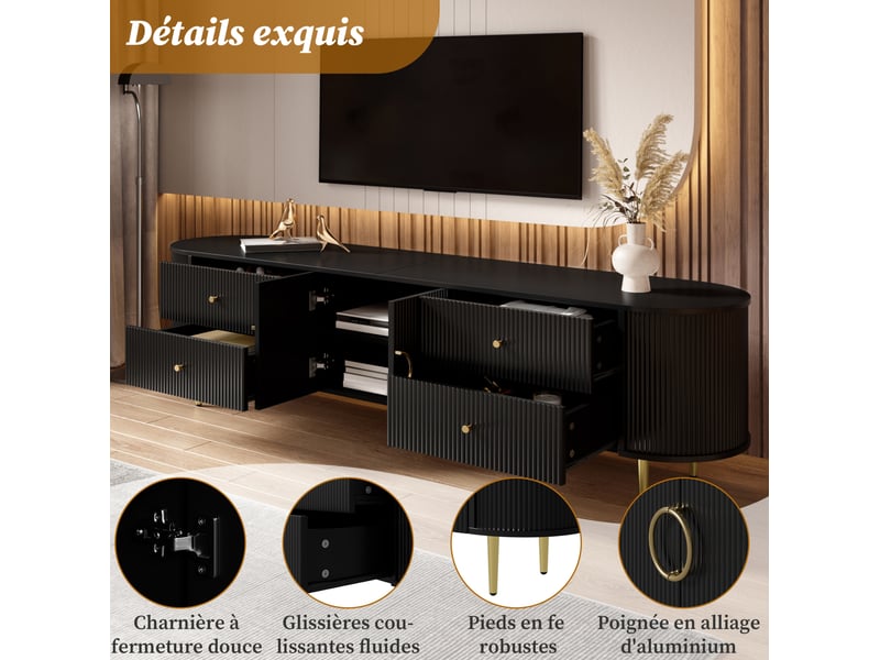  Meuble tv noir 180x40x53 cm avec structure ondulée 3d, 4 tiroirs, 2 portes et passe-câbles  - Conforama D