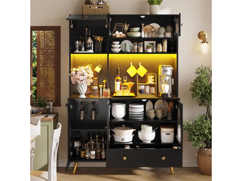  Buffet moderne led noir - colonne cuisine usb et prises, armoire perforée avec tiroir et étagères en verre  - Conforama D