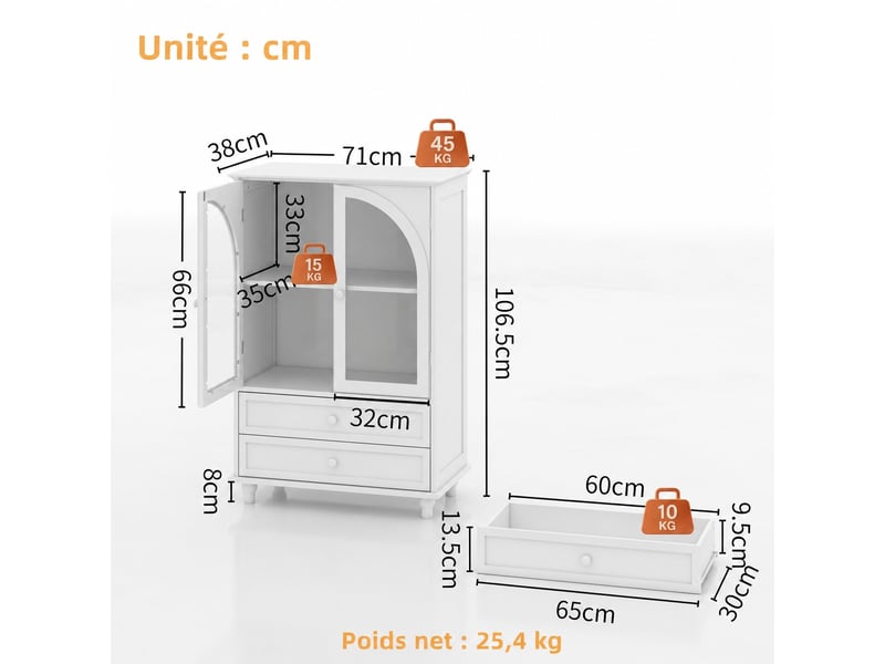  Buffet blanc style campagne avec portes vitrées cintrées, 2 tiroirs, 71 x 38 x 106,5 cm  - Conforama C