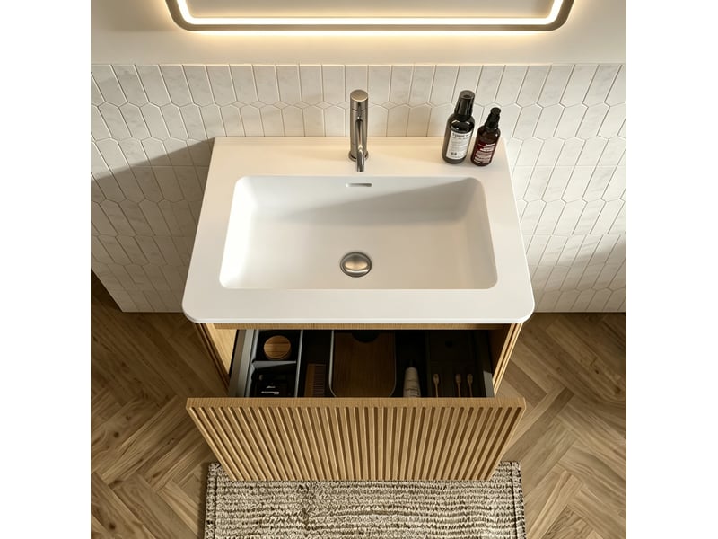  Meuble de salle de bains 60 cm avec miroir led, mdf, coloris chêne  - Conforama D