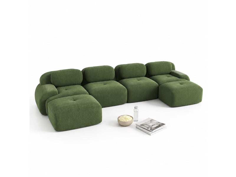  Canapé d'angle panoramique modenvie modulable 4 places 388 x 178 x 70 cm en velours côtelé vert  - Conforama A