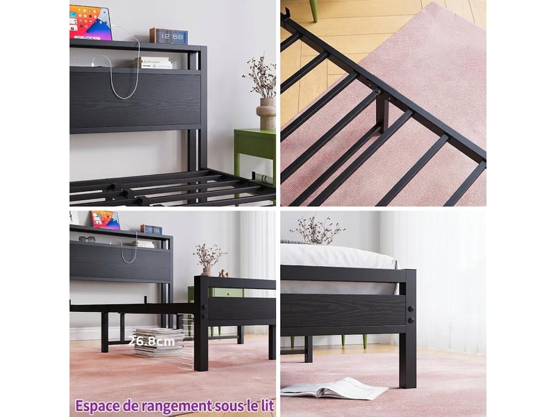  Lit 140x200 avec rangement cadre de lit en métal noir tête de lit étagère led usb  - Conforama D