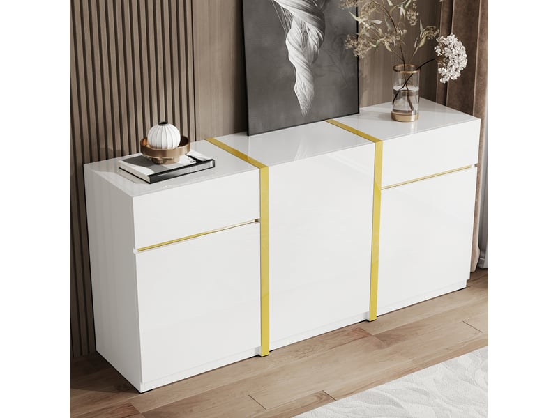  Buffet blanc laqué brillant 160x78cm, meuble rangement moderne 3 portes 2 tiroirs mdf  - Conforama W