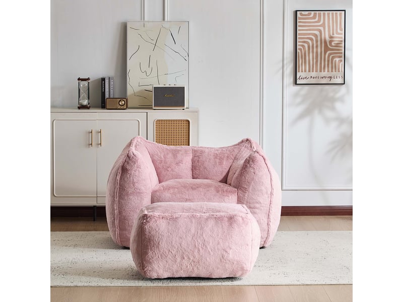  Fauteuil avec pouf et assise en mousse, forme arrondie et structure sans cadre pour salon, en fausse fourrure rose  - Conforama C