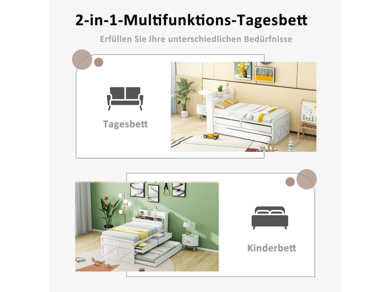  Lit simple 90x190 en bois massif avec tiroirs et lit gigogne, lit enfant blanc multifonction avec rangement et prise usb.  - Conforama D