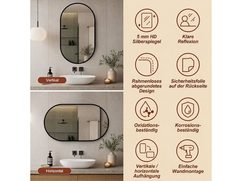  Miroir de salle de bains 50 x 80 cm, cadre noir en aluminium  - Conforama B