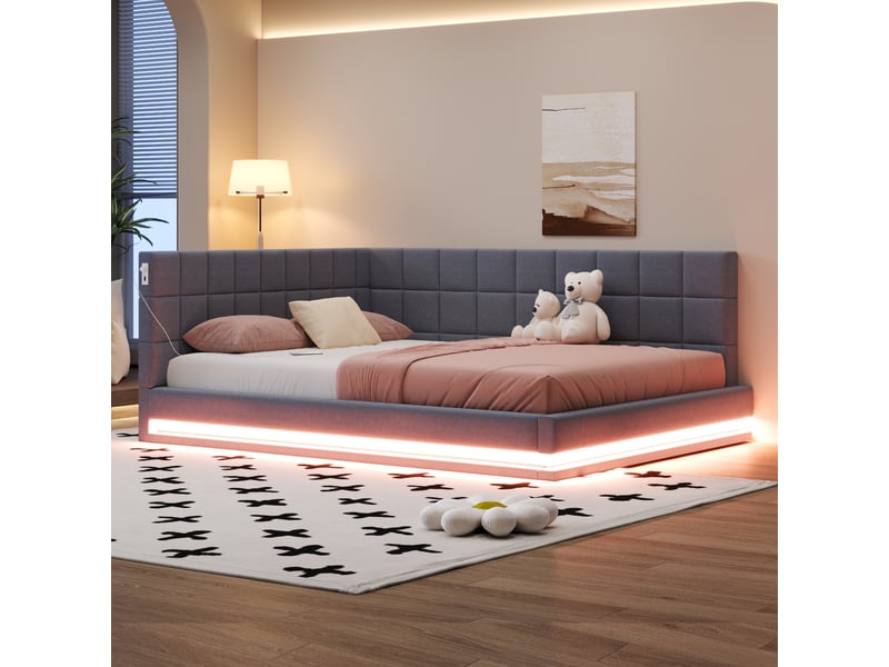  Canapé-lit rembourré 160x200 cm en lin gris avec led, usb et sommier, sans matelas  - Conforama C