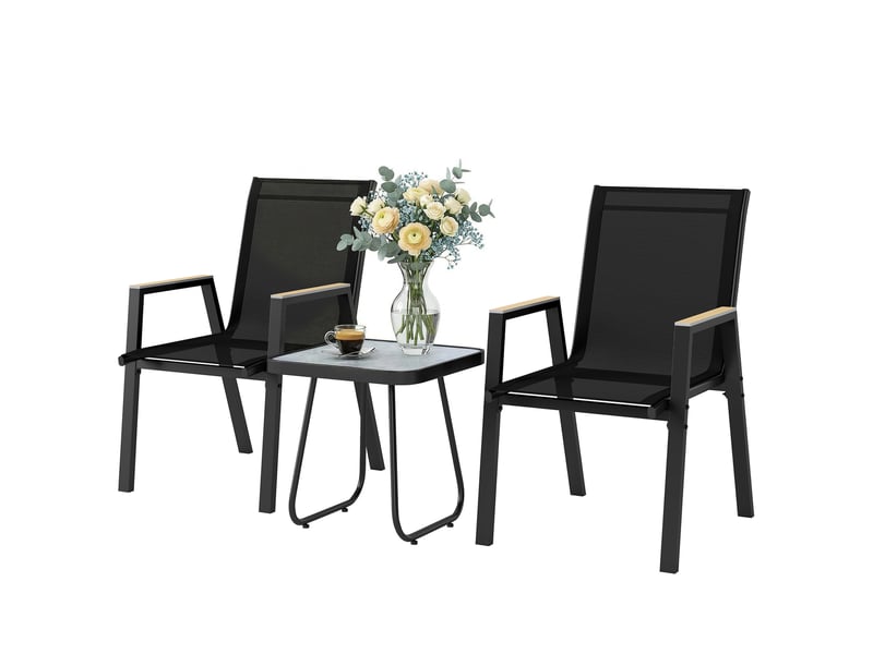 Ensemble de jardin 3 pièces comprenant 2 chaises respirantes et une table carrée, en métal, dpc et textilène noir - Conforama B