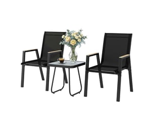 Ensemble de jardin 3 pièces comprenant 2 chaises respirantes et une table carrée, en métal, dpc et textilène noir