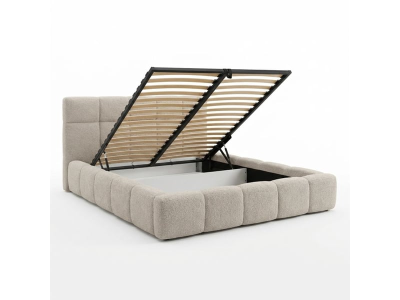 Lit coffre 160 x 200 cm en tissu capitonné bouclette beige – miracle - Conforama A