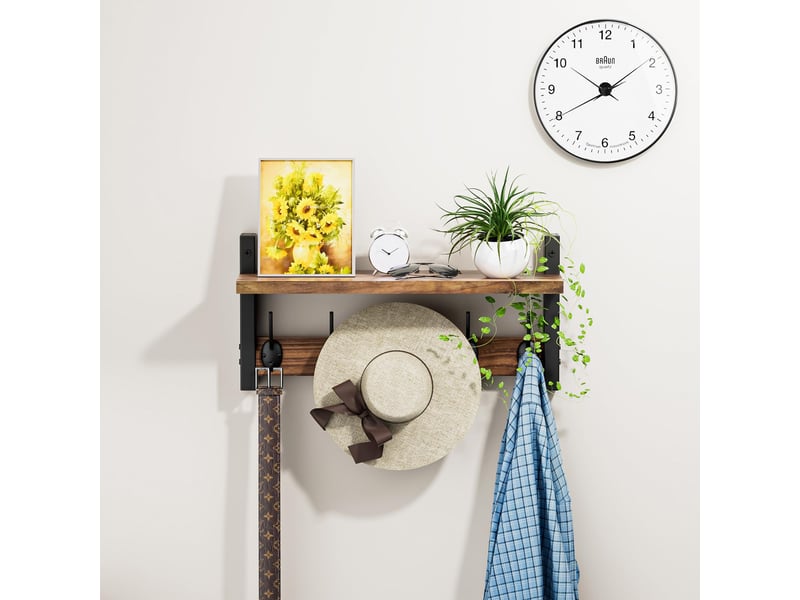  Porte-manteau mural étagère portemanteaux métal 5 crochets étagère murale crochet suspendre couloir chambre salle bains, marron  - Conforama B