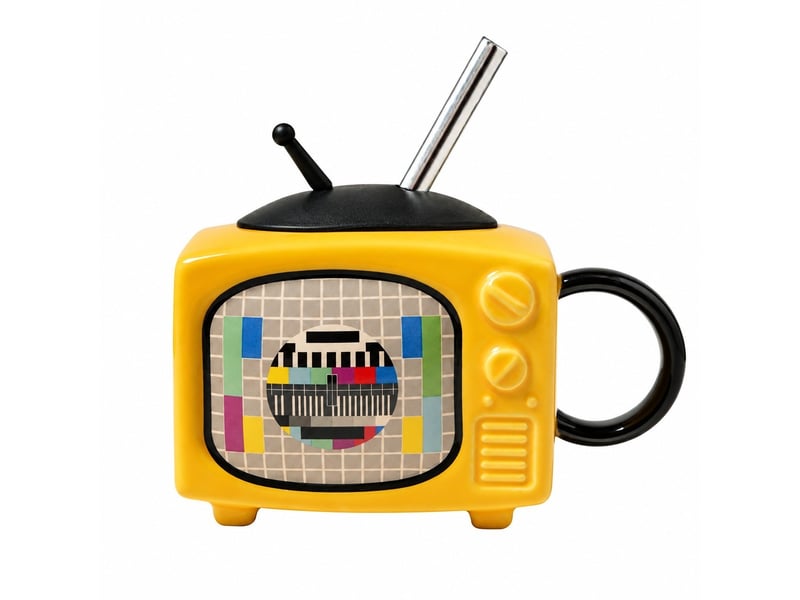 Mug en céramique avec couvercle et paille, télévision rétro, jaune, 450 ml - Conforama A