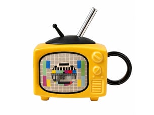 Mug en céramique avec couvercle et paille, télévision rétro, jaune, 450 ml