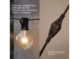 Lumiere de corde exterieure 30 m g40 50 lampes blanc chaud verre ip44 +4 de rechange