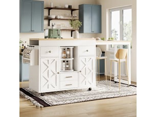 Table de bar extensible en mdf blanc, chariot de cuisine à roulettes avec plateau réglable 110-180 cm et rangements, pour salle à manger