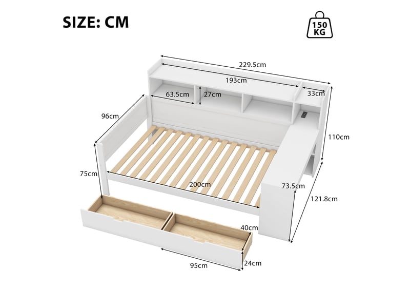  Lit banquette 90x200 blanc avec bureau intégré, tiroirs et prises usb  - Conforama C