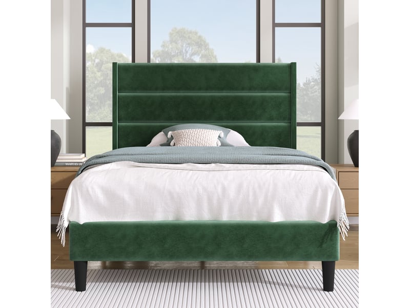  Lit simple enfant  90x200 cm en velours vert foncé avec sommier et matelas  - Conforama D