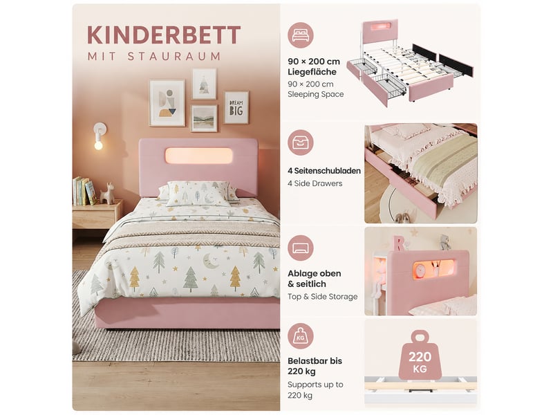  Lit enfant rembourré 90 x 200 cm, 4 tiroirs, tête de lit avec rangements, led pilotée par application, rose evarich - Conforama D