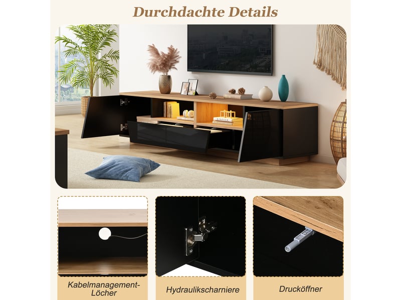  Meuble tv led 2 portes 2 tiroirs noir et coloris bois 180 x 40 x 46 cm N625P324787788S - Conforama E