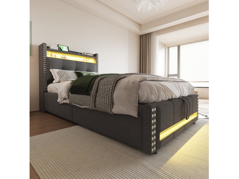  Lit enfant 90x200 cm tête-rangement usb intégré led changeante coffre design moderne tissu lin gris sans matelas  - Conforama D