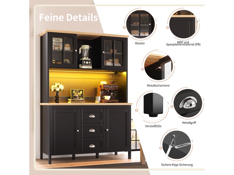  Buffet de cuisine - buffet haut avec led et 4 portes 3 tiroirs - meuble rangement cuisine avec étagère ouverte 120x40x179cm - noir  - Conforama D