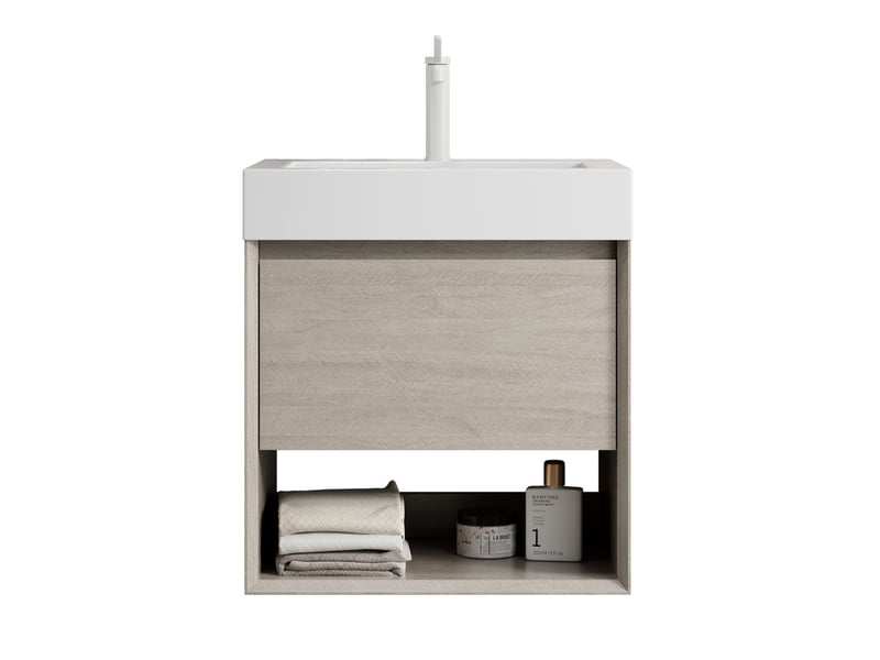Meuble sous vasque suspendu avec 1 tiroir, étagère ouverte et fermeture douce pour salle de bain 55 × 46 × 60 cm - Conforama A