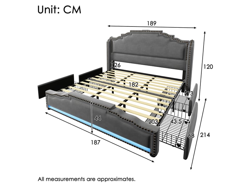  Modenvie lit coffre 180x200 cm - led, usb-c, 4 tiroirs, sommier inclus, sans matelas - gris  - Conforama C