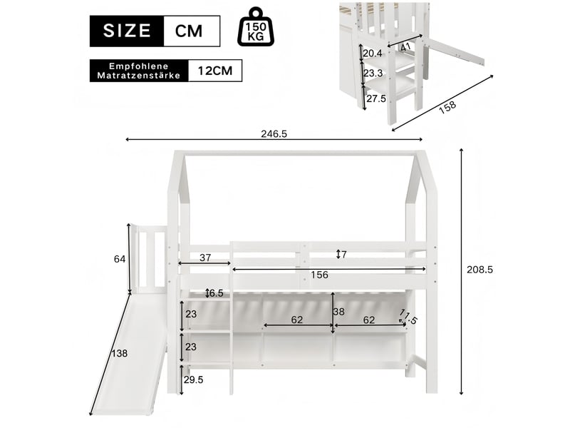 Lit mezzanine enfant 90 x 200 cm avec toboggan, escalier et rangements, blanc - Conforama C