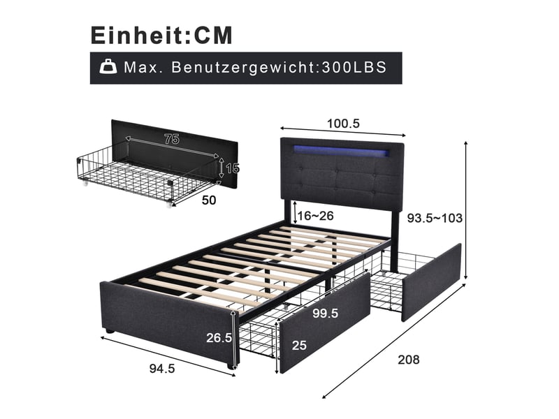  Modenvie lit 1 place 90x200 cm - led, 2 tiroirs, tête de lit réglable - sans matelas - gris  - Conforama C