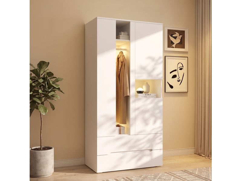  Armoire à 3 portes avec led, penderie, 2 tiroirs et 6 niches pour chambre en mdf et verre blanc 90 × 50 × 200 cm  - Conforama B