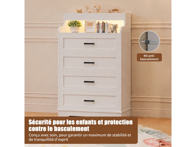  Commode  73 x 39.5 x 114 cm - chiffonnier 4 tiroirs avec éclairage led rgb et niches – mdf - blanc  - Conforama D