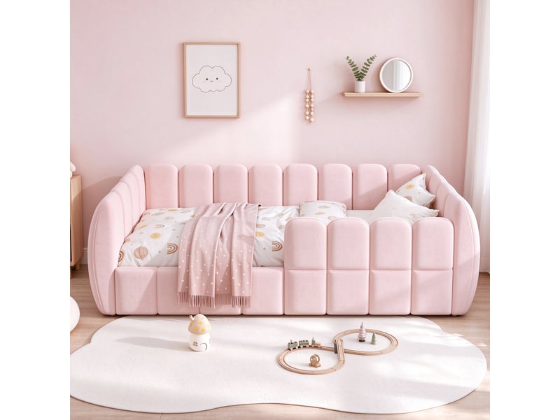 Lit au sol enfant 90x200 cm avec cadre rembourré fermé et coins arrondis, lit simple bas pour chambre enfant et ado, revêtement en velours, rose OPULERANE TRADING LTD - Conforama E