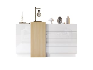 Buffet blanc laqué brillant meuble de rangement moderne 140 cm 4 tiroirs et 2 portes
