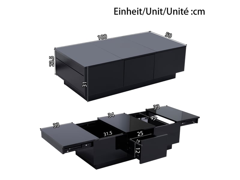  Table basse 100x50x31 cm à plateaux coulissants, 2 tiroirs centraux et rangements cachés, panneaux de particules, noir ABC - Conforama C