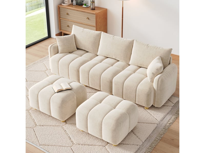  Canapé d angle modulable 5 places 219 x 136 x 84 cm convertible en l ou u avec 2 poufs coussins accoudoirs larges tissu chenille pour salon beige  - Conforama D